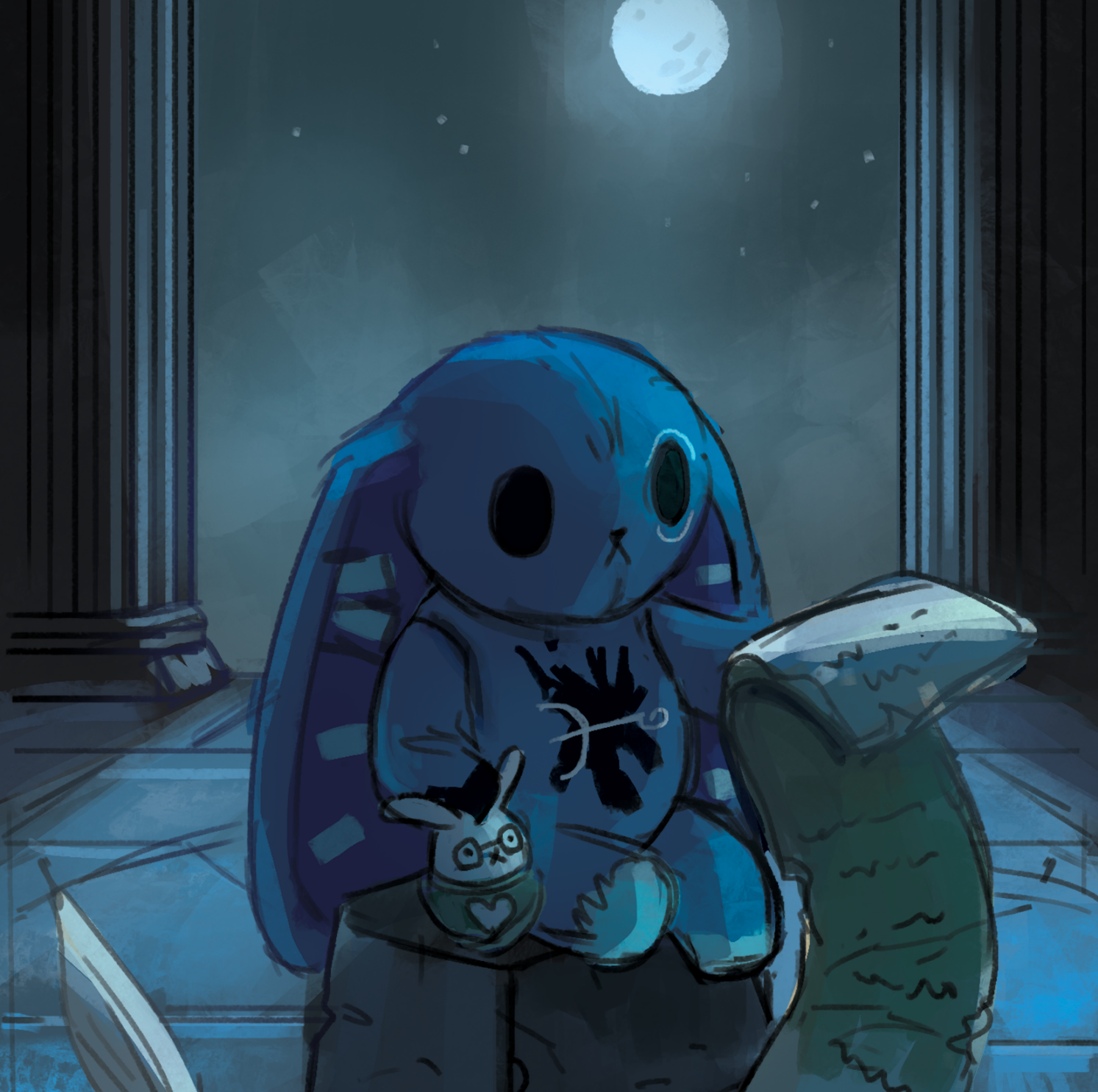 A rough early version of the High Priestess from the Plushie Dreadful Tarot: Introvert Rabbit is reading a scroll while sitting in a temple under the light of a full moon.